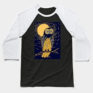 Deep blue and gold linocut of an owl on a moonlit night Baseball T-Shirt